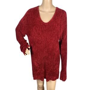 Vtg 90s Moda International Red Chenille Chunky Knit Tunic Dress Sweater SZ L